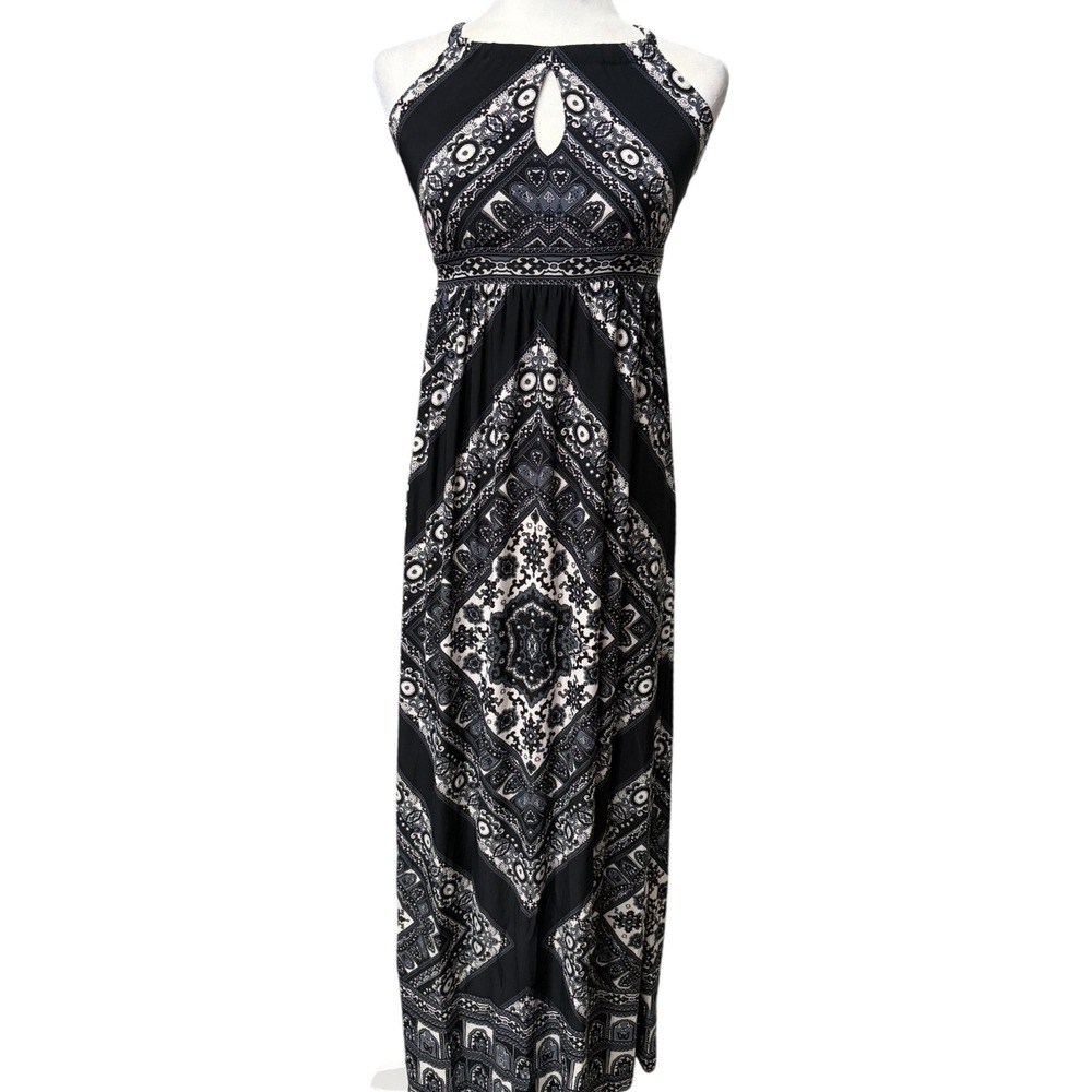 NWT‎ INC Black White Paisley Halter Maxi Dress Geometric Medallion Women's XS
